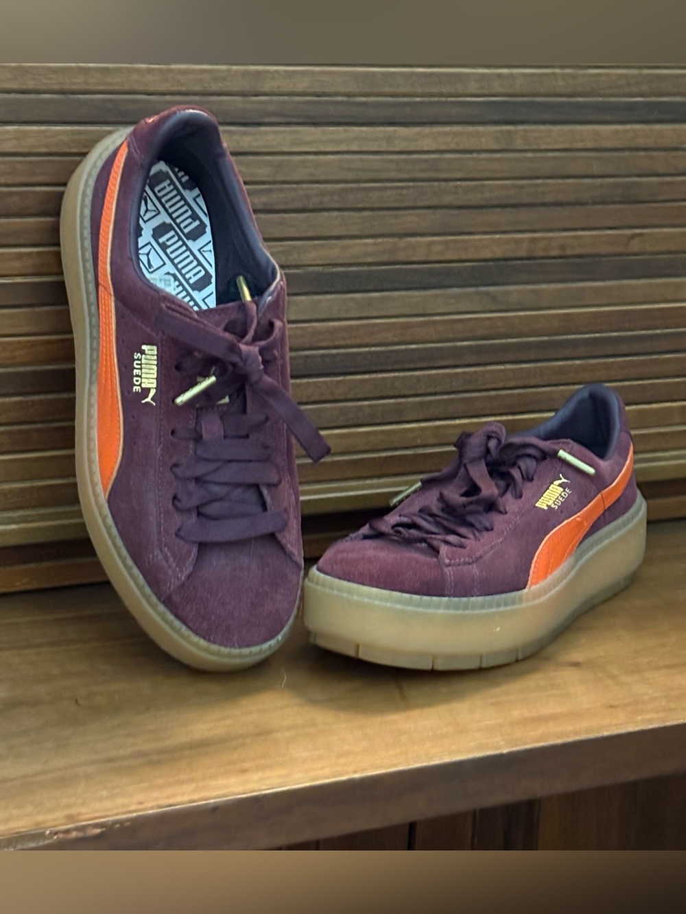 Womenβs Puma 2β Gum Sole Burgundy Suede Sneakers. Orange Leather Stripes w/Gold